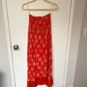Velvet patterned orange/pink strapless dress